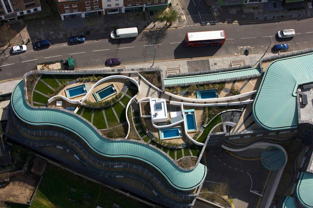 picture of five penthouse Endless Pools installations on the rooftops of London's Alfred Court complex