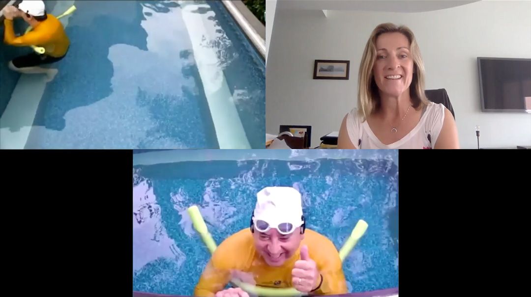 picture of three views from three cameras of a virtual swim lesson