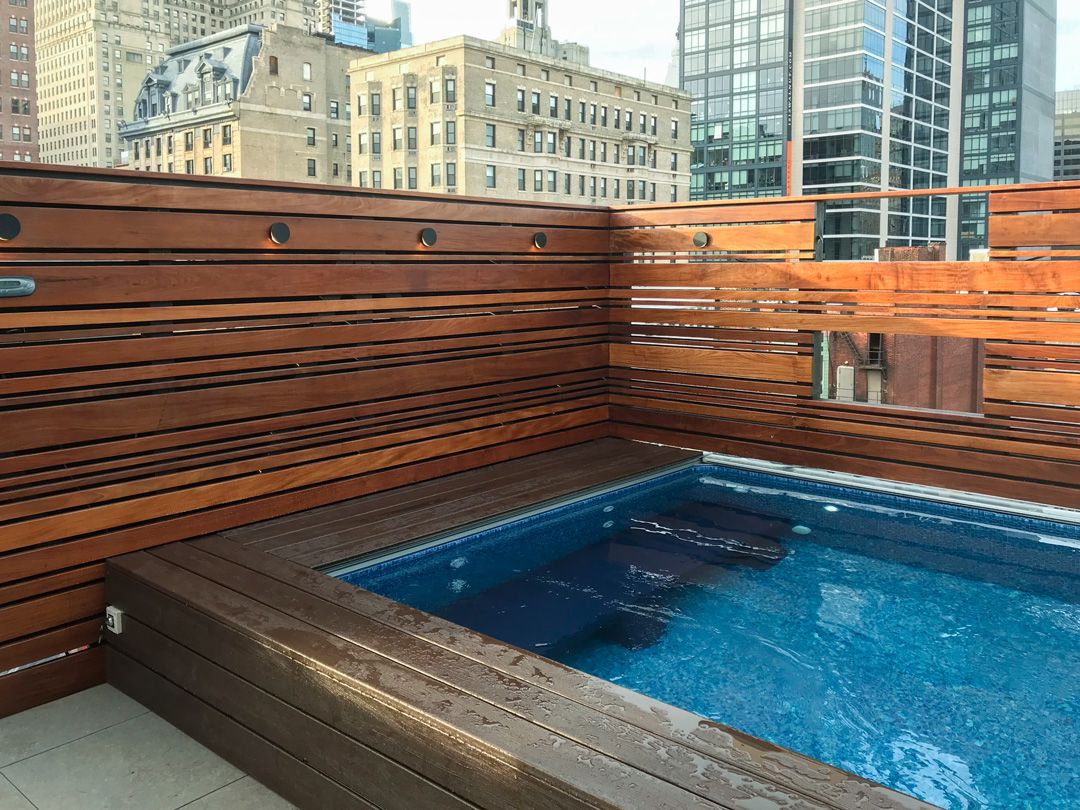 A picture of a rooftop pool with a fence around it, and a gorgeous view of the city skyline.