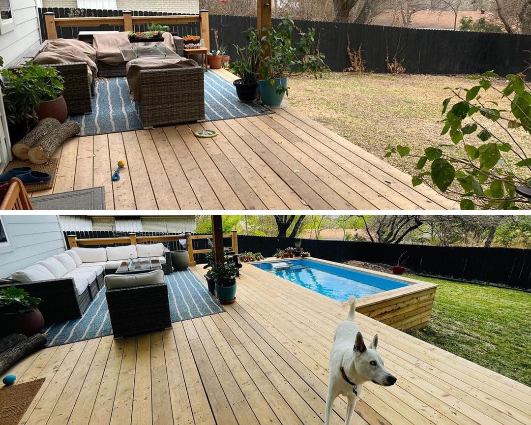 picture of before and after the installation of an Endless Pools backyard deck pool