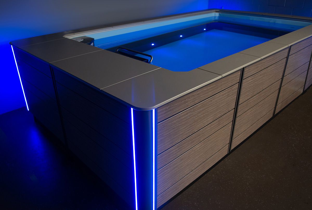 LED Corner Lighting illuminates this Original model Endless Pool