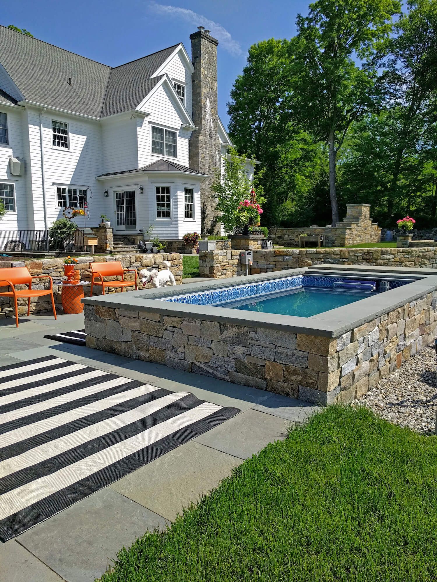 A picture of a beautiful patio pool setup, complete with plants and outdoor seating.