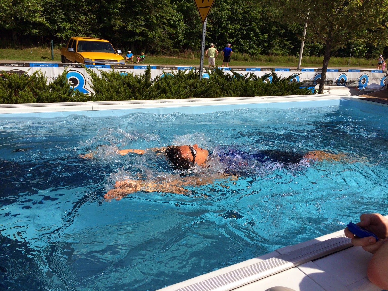 Picture of triathlete swimming backstroke in the Endless Pools Performance pool at Rev3 Triathlon