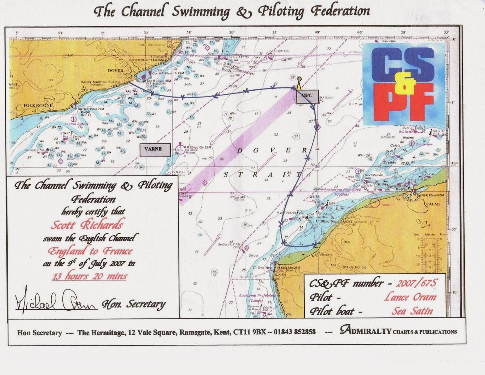 The map certifying Scott Richards' English Channel swim