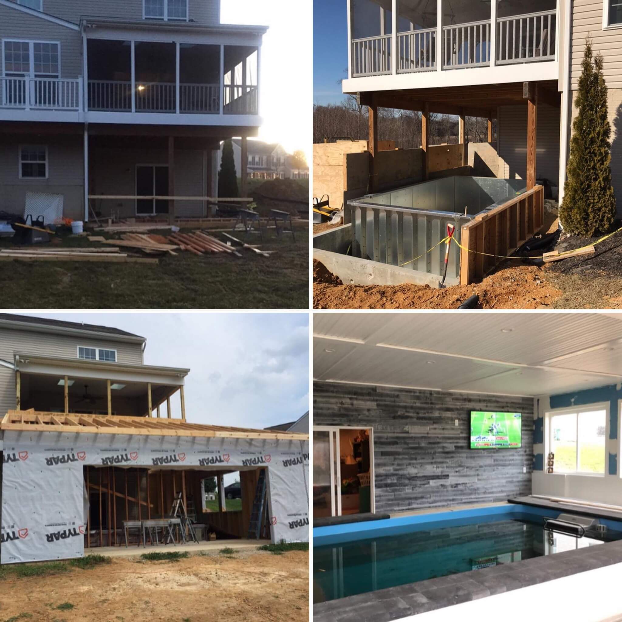 picture of the stages of progress of the home addition for the Endless Pool room