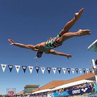An Olympic swimmer dives into the pool