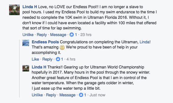 Triathlete Linda's praise on the Endless Pools Facebook page