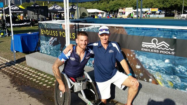 Picture of paratriathlete Joe Townsend with Team Endless Pools at the ITU Triathlon Grand Final 