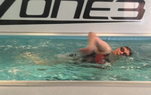 picture of retiree Christine learning to swim in the Endless Pool at Passion Fit