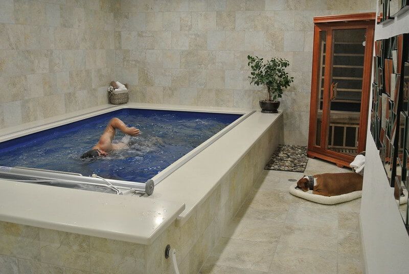 picture of a basement spa room with an Endless Pools Original model and a sauna