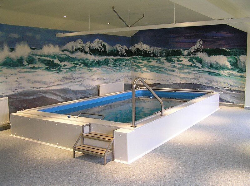 picture of a partially inground Endless Pools installation with a mural