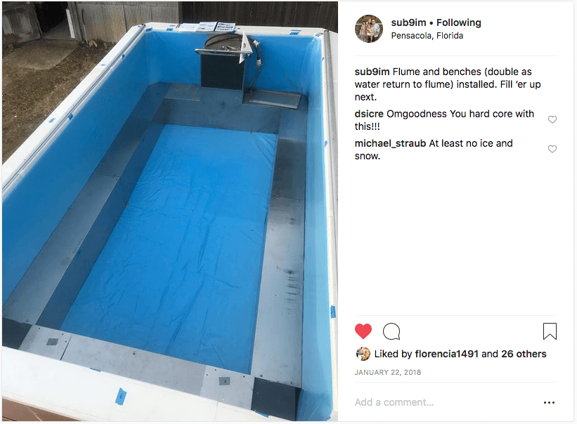 picture of Cam's Instagram post of his newly assembled Endless Pools swimming machine