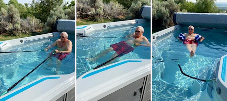 Three pictures of a man using his pool for aquatic therapy, through both stretching and floating on his back.