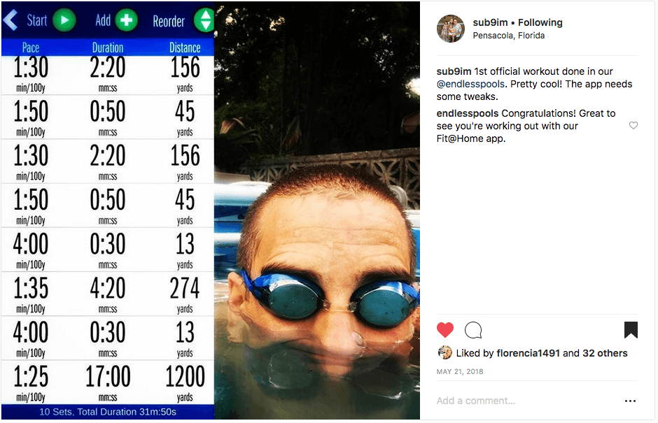 picture of Instagram post of a triathlete's first Endless Pools swim with the Endless Pools Fit at Home app