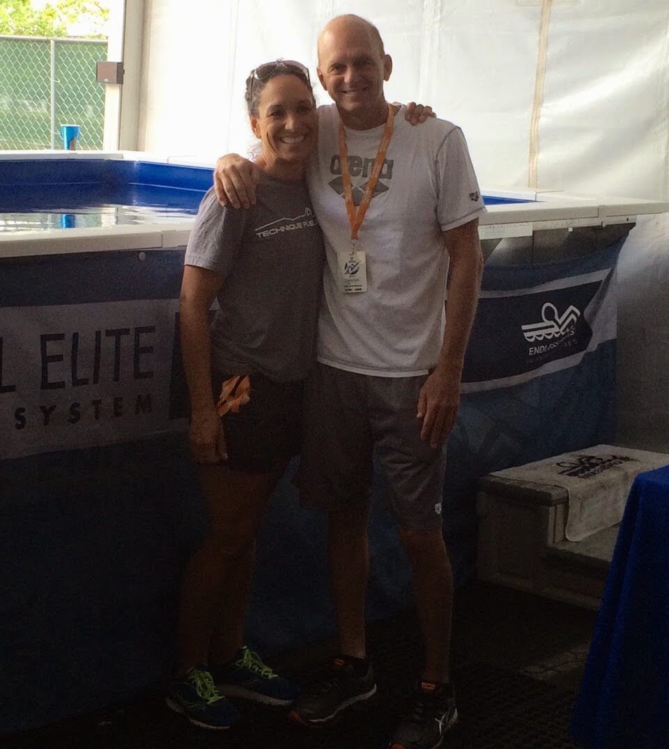 Swim coach Kim Brackin and Olympic swimmer Rowdy Gaines at the High Performance Endless Pool at SwimMAC Charlotte