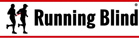 Logo of Foundation: Running Blind. On the left side we see two runners, on the right side the words: running blind