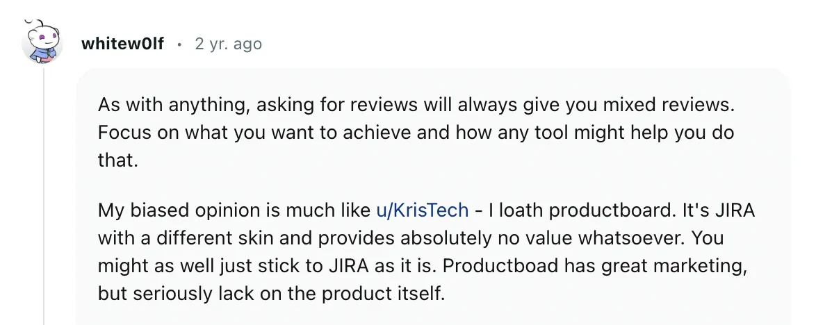 Screencap of a Productboard review on Reddit