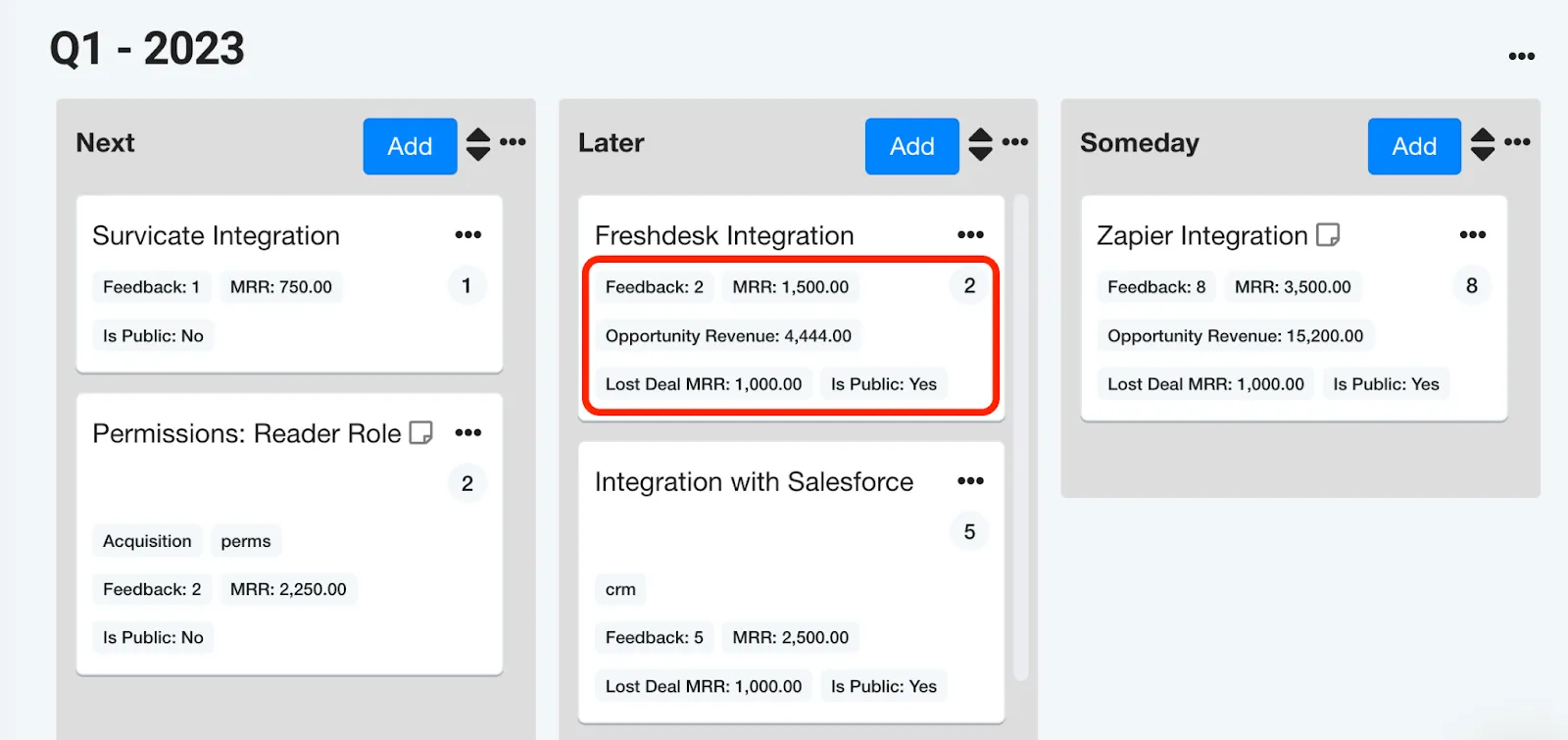 screenshot of a Savio product roadmap that displays customer feedback data