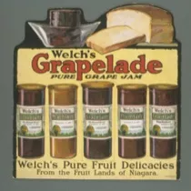 Vintage signage for Welch's Grapelade: Pure Grape Jam, with painted bread and jam jars 
