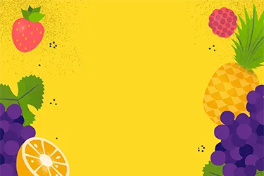 Illustration of strawberries, concord grapes, orange, pineapple and kiwi with a Fruit text overlay