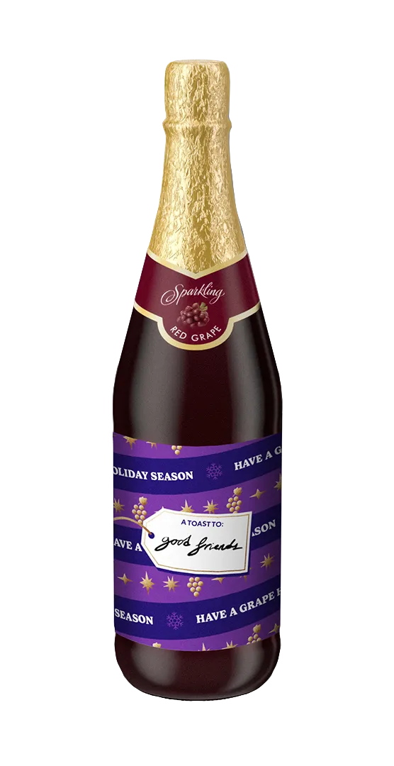 Welch's Sparkling Juice bottle with holiday label wrap