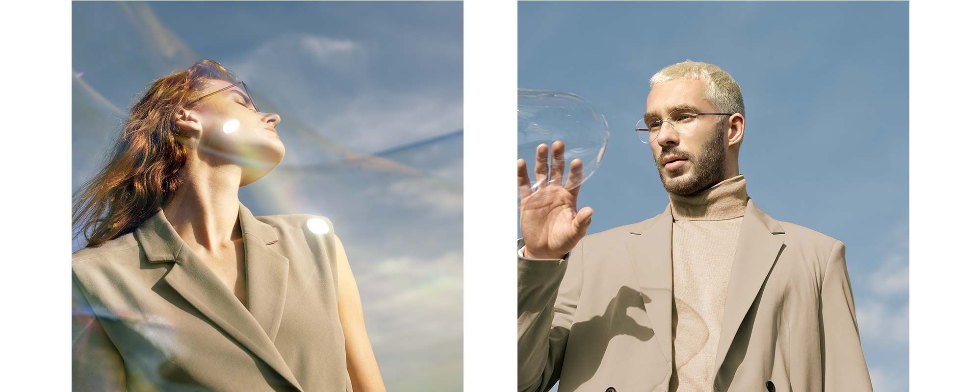 man and woman looking through and touching soap bubbles