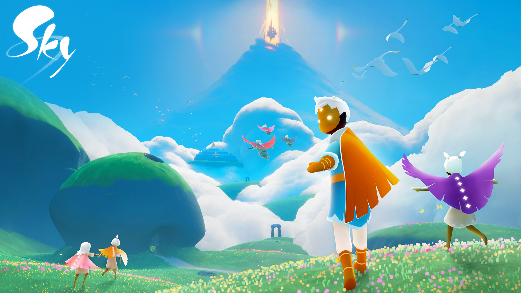 A Sky child wearing an orange cape reaches out to the viewer, while six other Sky children run and fly through Daylight Prairie