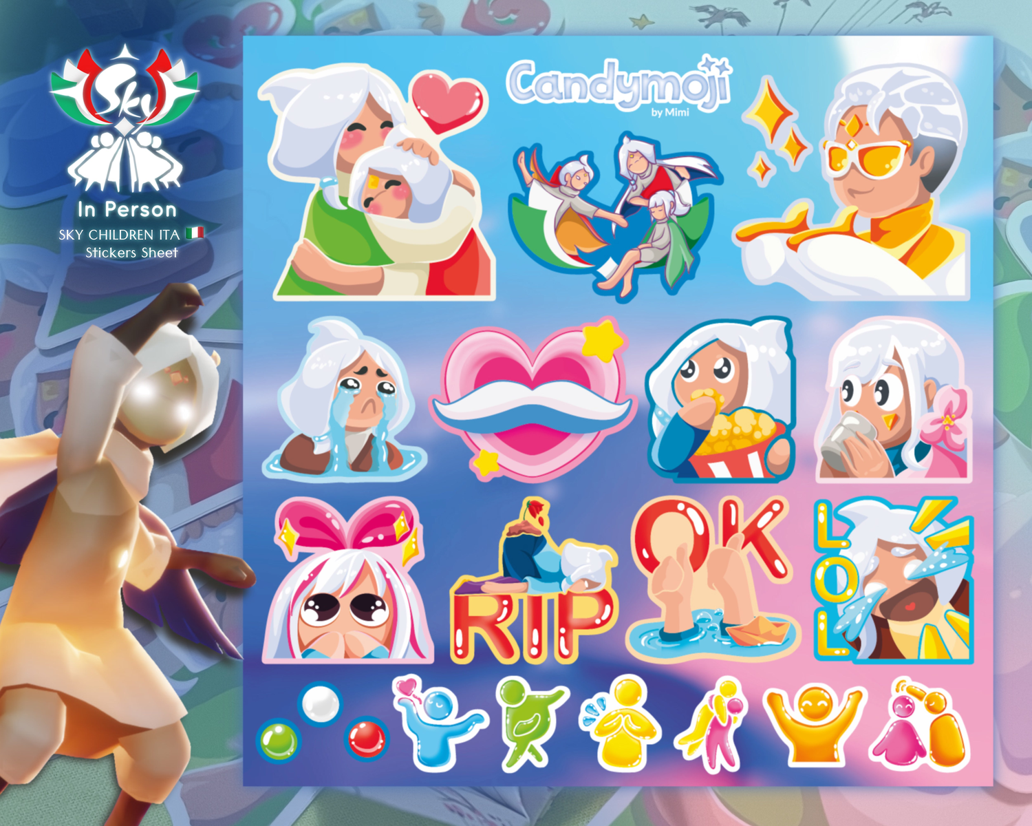 A sample of colorful Sky-themed stickers showing emotes, Sky kid interactions, and reactions
