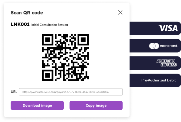 qr code with various options to pay like visa mastercard amex and pad