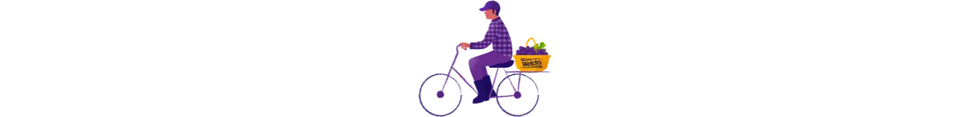 Purple illustration of a farmer riding a bike with a basket of grapes on the back