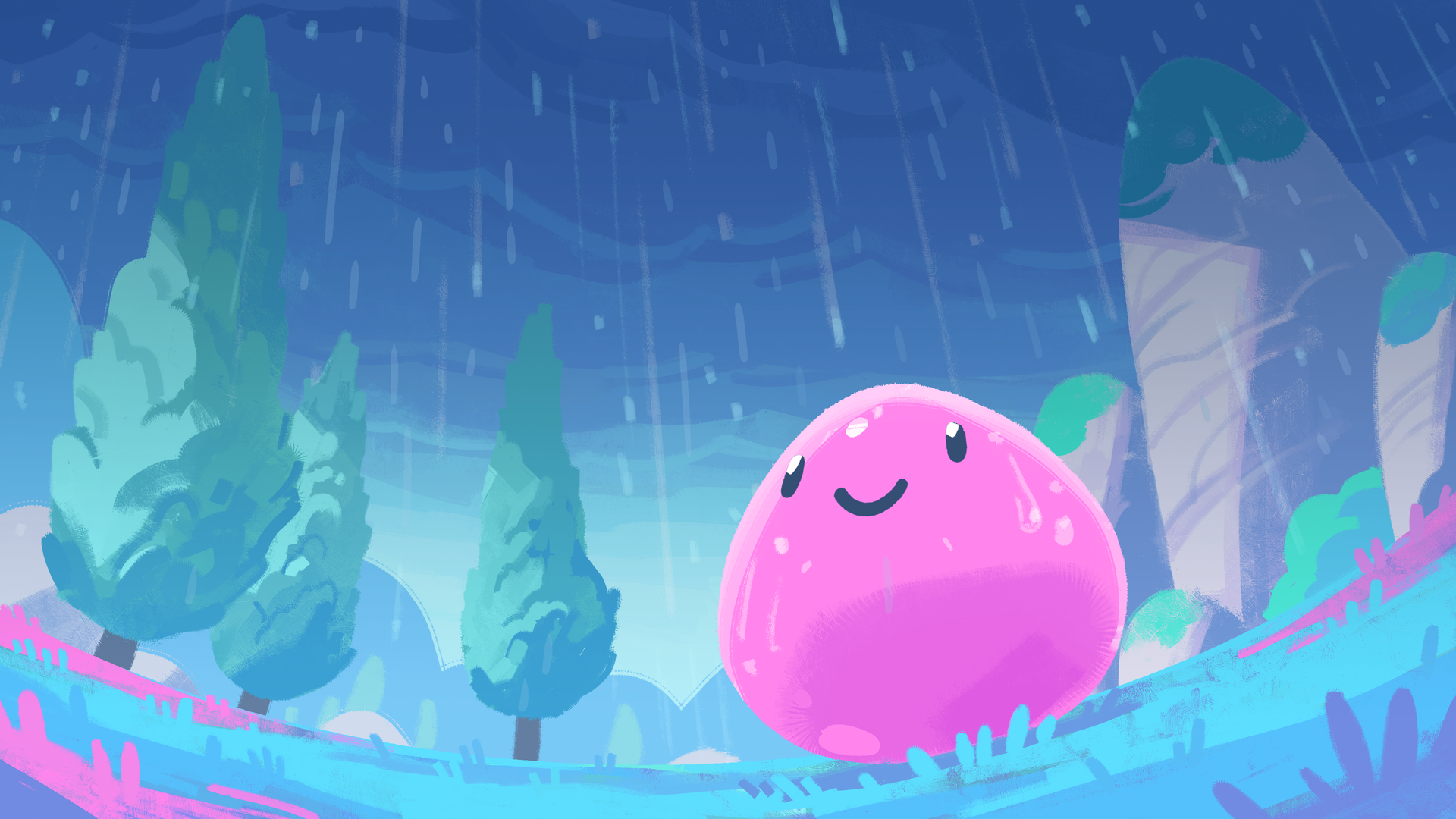 Digital illustration of a smiling Pink Slime looking up to the sky. The weather is dark and gloomy with rain gently falling down, but there is an atmosphere of calm and contentment.