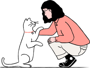 Cartoon person having a special moment with cat