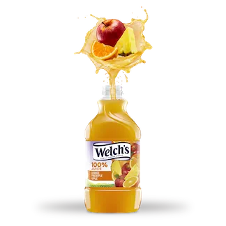 Orange, Pineapple, and Apple bursting out of a bottle of Welch's 100% Juice Orange Pineapple Apple