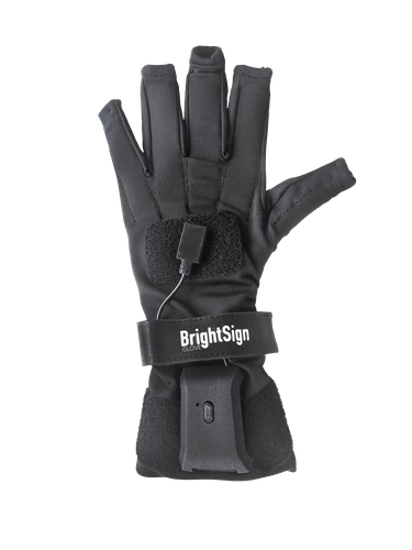 A black glove labeled "BrightSign" with electronic components attached, designed for sign language use, displayed on a black background.