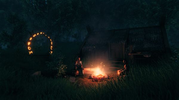 Scene showing 2 characters sitting by a campfire