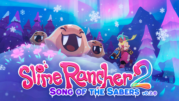 Key art for the Song of the Sabers update for the Slime Rancher 2 game. The game’s main character, Beatrix Lebeau, comes across joyful Saber Slimes on a snowy hilltop. Aurora lights color the sky above in hues of cyan and magenta. Text logo: Slime Rancher 2 Song of the Sabers v0.2.0