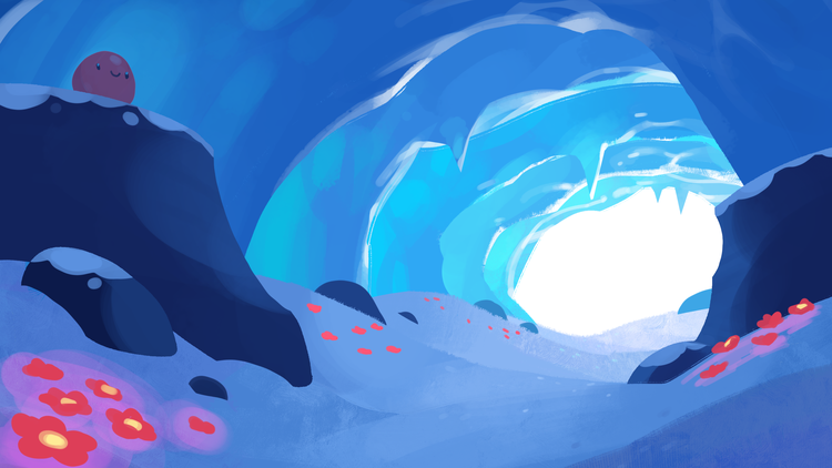 Digital illustration of concept art for a new area coming to Slime Rancher 2 called Powderfall Bluffs. White light pours into an ice cave where a Pink Slime sits atop a large snowy rock in the foreground. Small glowing red flowers are along the edges of the snow banks on the path.