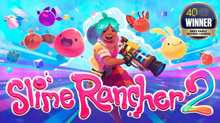 Key art for the Slime Rancher 2 game with the game’s logo in front of the main character, Beatrix Lebeau, running joyously at the viewer surrounded by a colorful explosion of various types of slimes, Plorts, and other items. In the upper corner is an award badge: 40th Anniversary Edition Golden Joystick Awards  Presented by gamesradar+ Winner Best Early Access Launch