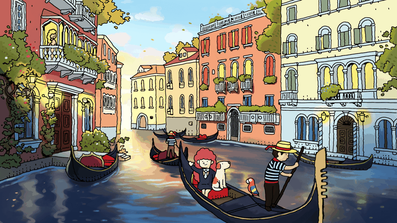 Sophia the Traveler artwork of gondola on a river