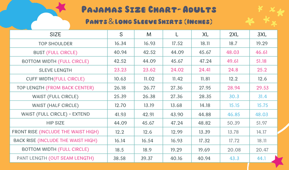 custom pajamas sizes