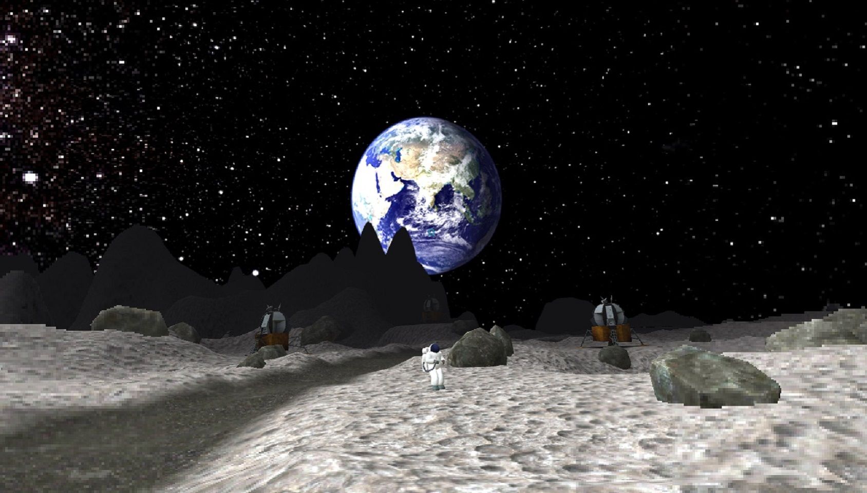 Visualization of the moon landing and an astronaut seeing planet earth