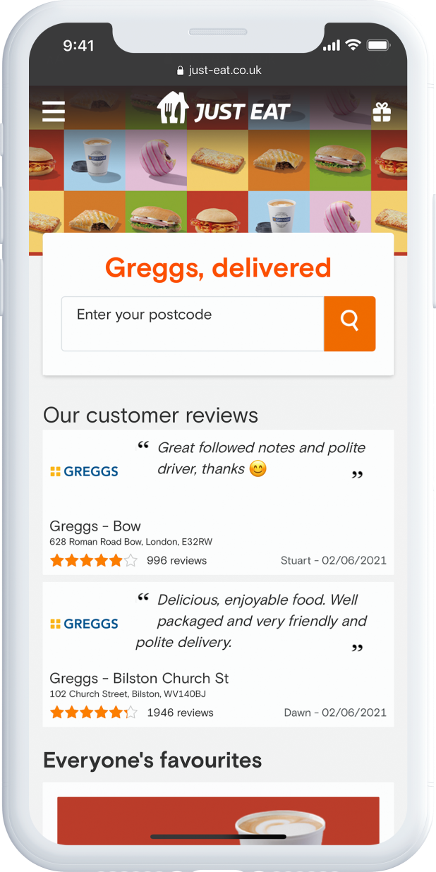 snapshot of Greggs' Just Eat home page