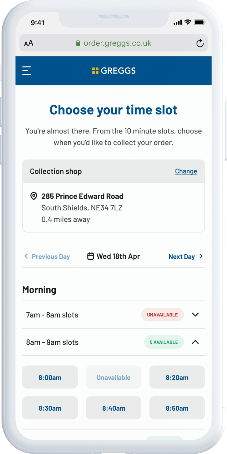 A screenshot of the Greggs click and collect website, showing the time slot selection screen